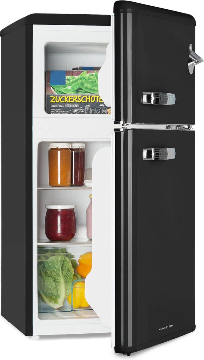 Klarstein Koelkast Irene - Koel-vriescombinatie, retro , 61 liter koelgedeelte, vriesgedeelte, stille werking (40 dB), 2 koelstanden, 2 deurvakken, voor kleine gezinnen en alleenstaanden, zwart - voor Keuken - Mini Fridge — afbeelding 1