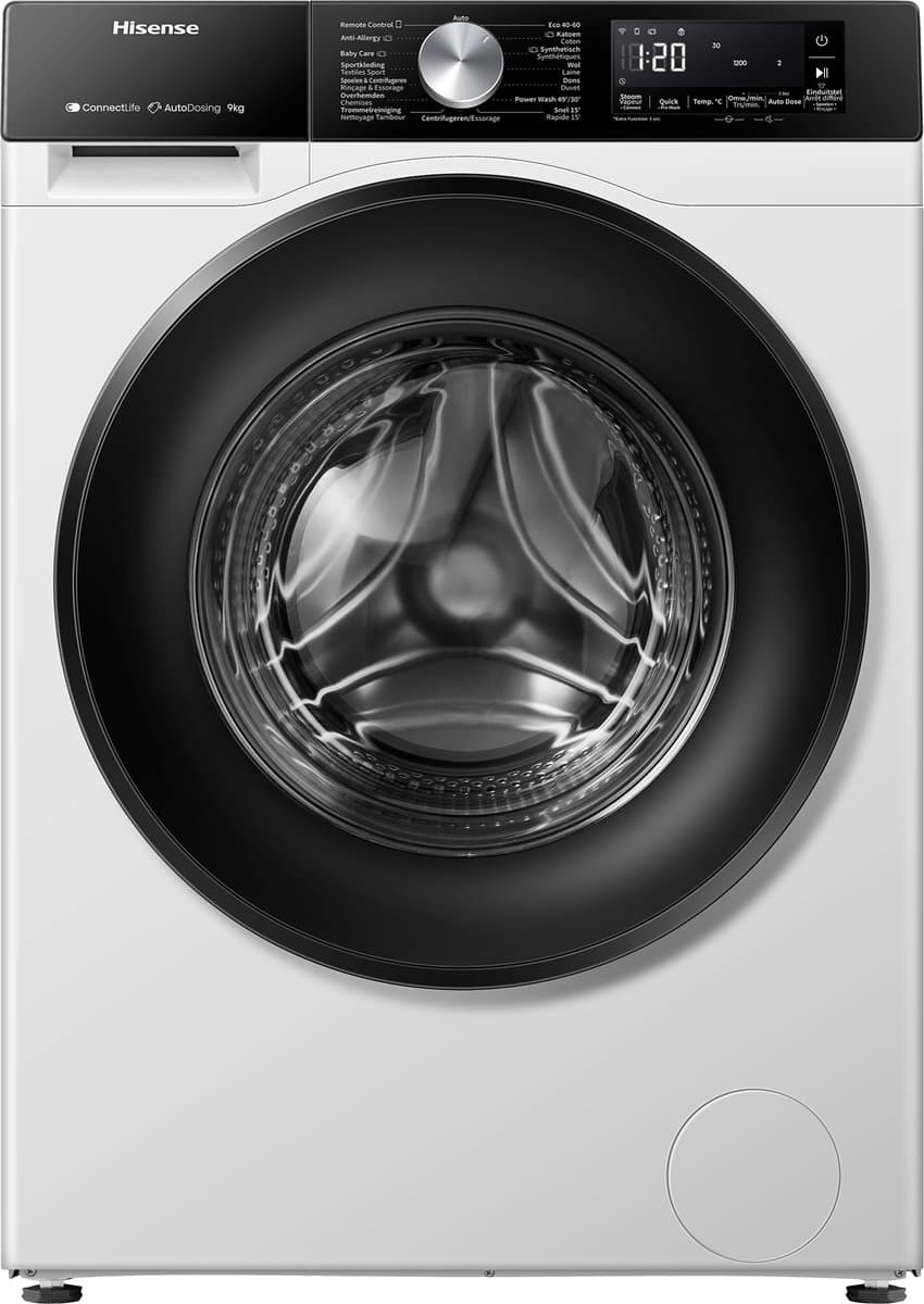 Hisense 3S Serie WF3S9045BW3/BLX - Wasmachine met Energielabel A -30% - 9kg - Autodose - 72dB (A) - Steam Wash - 1400 toeren - Power Wash 49' - ConnectLife - Inhoud Trommel 60 Liter — afbeelding 1