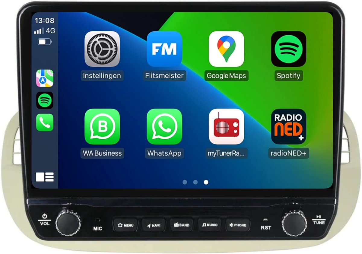 Carplay autoradio voor Fiat 500 Beige | Elegant design | 2007 t/m 2015 | Android 13 | Draadloos Apple Carplay & Android auto | 2GB + 32GB | 8-Core processor | Davilon | 2025 model | 2007 2008 2009 2010 2011 2012 2013 2014 2015 | Bluetooth & Wifi — afbeelding 1