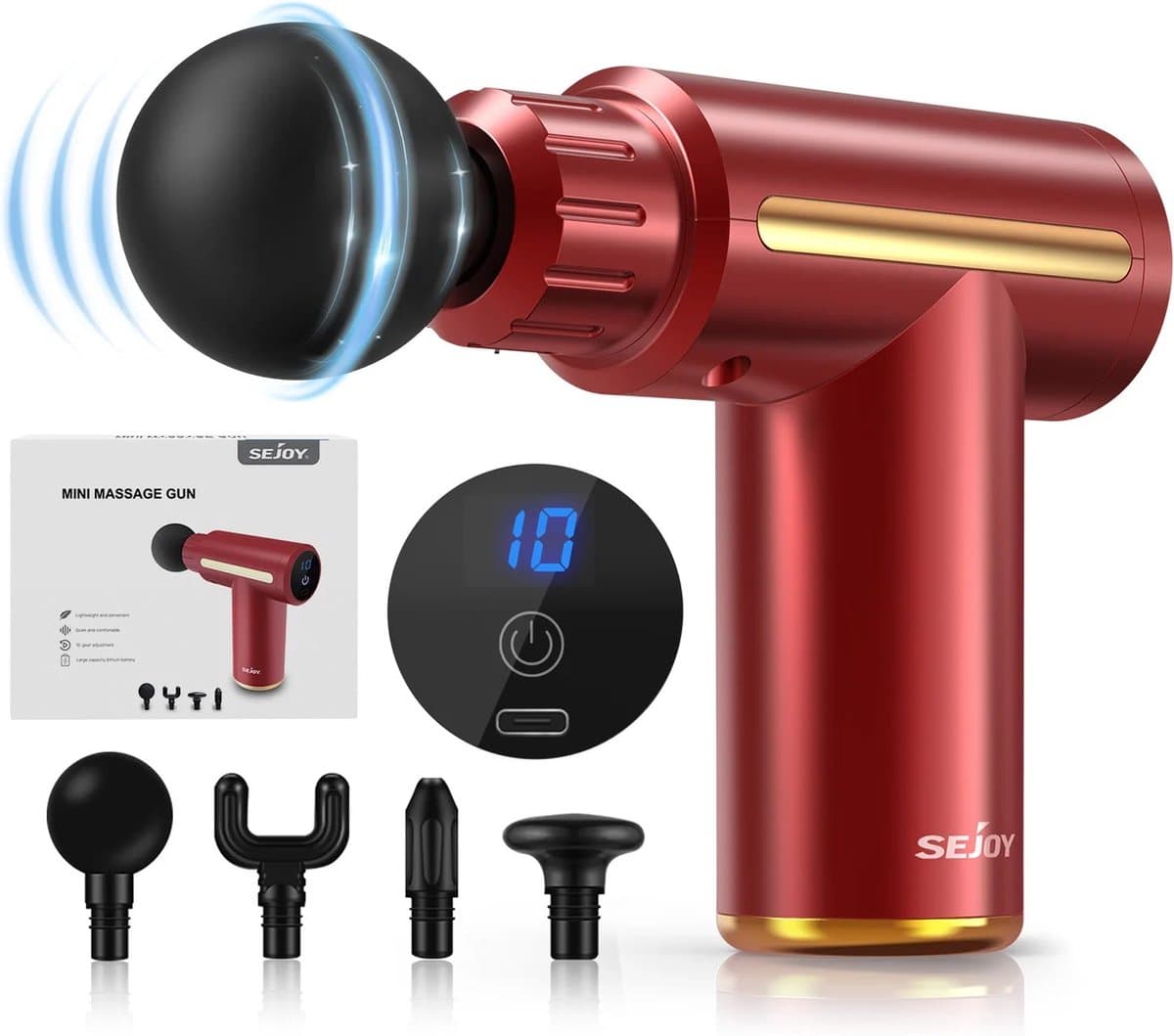 Trendique - Massage-gun - Massageapparaat - Draagbaar - Mini - 4 verschillende massagekoppen - 10 snelheden - Oplaadbaar - Voor het hele lichaam - 17,3 x 13,9 cm — afbeelding 1