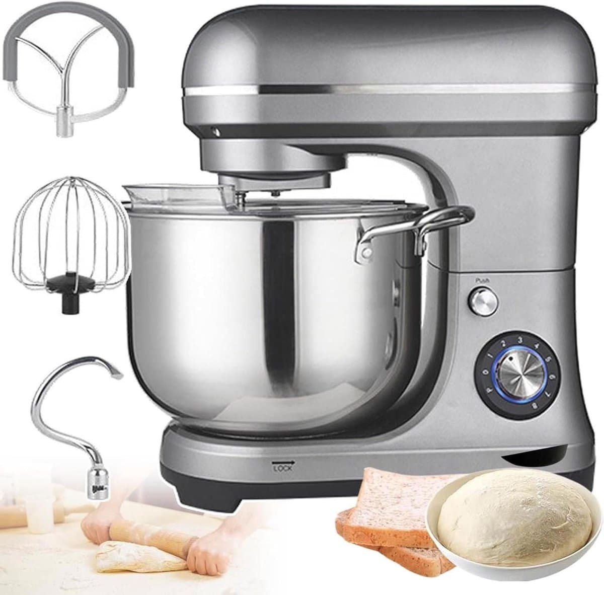 Keukenmixer - Deegmixer Bakmachine - Bakken en Koken - Krachtige 2000W Motor - 10L Kom - Zilver — afbeelding 1
