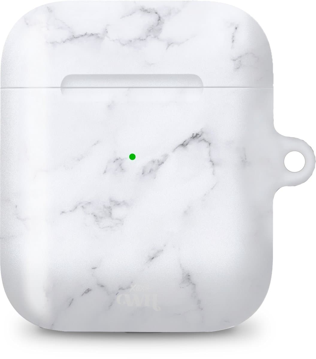 xoxo Wildhearts hoesje geschikt voor Airpods 1/2 - Marble White Lies - Ook als telefoonhoesje verkrijgbaar - schokbestendige case geschikt voor Airpod 1 en 2 - koptelefoon case - Beschermhoes met marmerprint - marmer look - wit — afbeelding 1