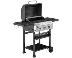 Gasbarbecue - Gasbarbecue en grill - 3 Branders - 9 kW - Grillwagen - Barbecuewagen - met Grillrooster, Wielen, Inklapbaar Bijzettafels, Thermometer, Onderste Plank, 6 Haken en Warmhoudplaten - 123 x 57 x 102 cm - Zwart