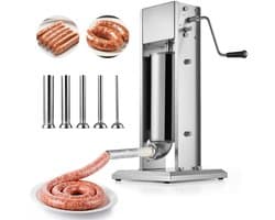 Worstvulmachine - Handmatige verticale worstvuller 5 liter - 2 Snelheden (Snel/Langzaam) - RVS - 5 Vulbuizen