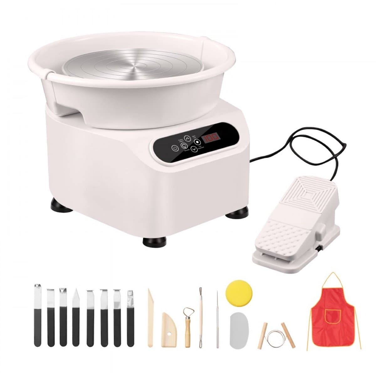 Pottenbakkersschijf - Elektrische Kleidraaischijf - 28 cm Schijf - 450 W Motor - Pedaalbediening - Directe Aandrijving - Voor Keramiek - Vormgereedschap Inbegrepen - Wit — afbeelding 1