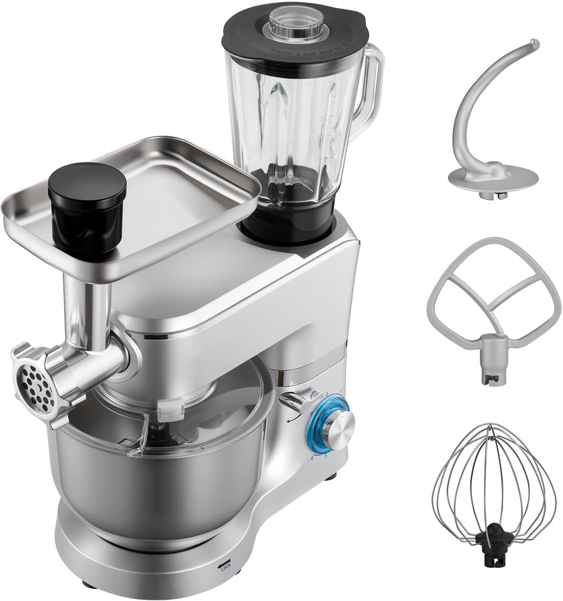 6 L Elektrische Keukenmixer met Een Vermogen van 1500 W, Kantelbaar Ontwerp, 6+P Snelheden, Inclusief 1,5 L Blenderbeker, Roestvrijstalen Kom, Deeghaak, Garde en Klopper voor Bakken en Mixen, Zilver — afbeelding 1