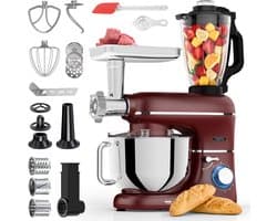 Fentic Keukenmachine – 2000W – Keukenrobot – Foodprocessor - 6,2L Mengkom – Incl. Vleesmolen, Blender en extra Accessoires – Rood