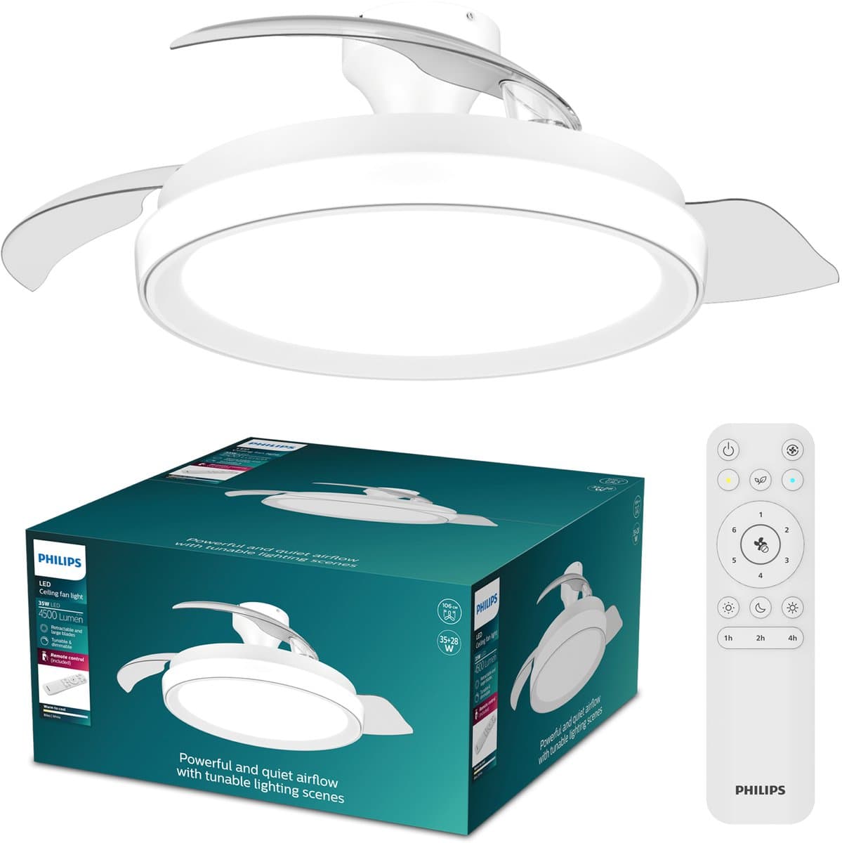 Philips Bliss Plafondventilator met ingebouwde LED-lamp - 3 Intrekbare bladen, diameter: 106cm - 4500 Lumen - Instelbaar wit licht van 2700K tot 6500K - Dimbaar tot 5% - Afstandsbediening - Wit — afbeelding 1