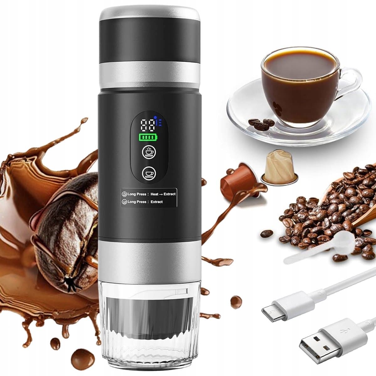 Capsule Koffiemachine - Koffiezetter - Draadloze 3-in-1 Koffiemachine - 20 Bar & Zelfverwarmend - 7500mAh Accu - Voor Camping, Auto & Thuis - Koffie onderweg — afbeelding 1