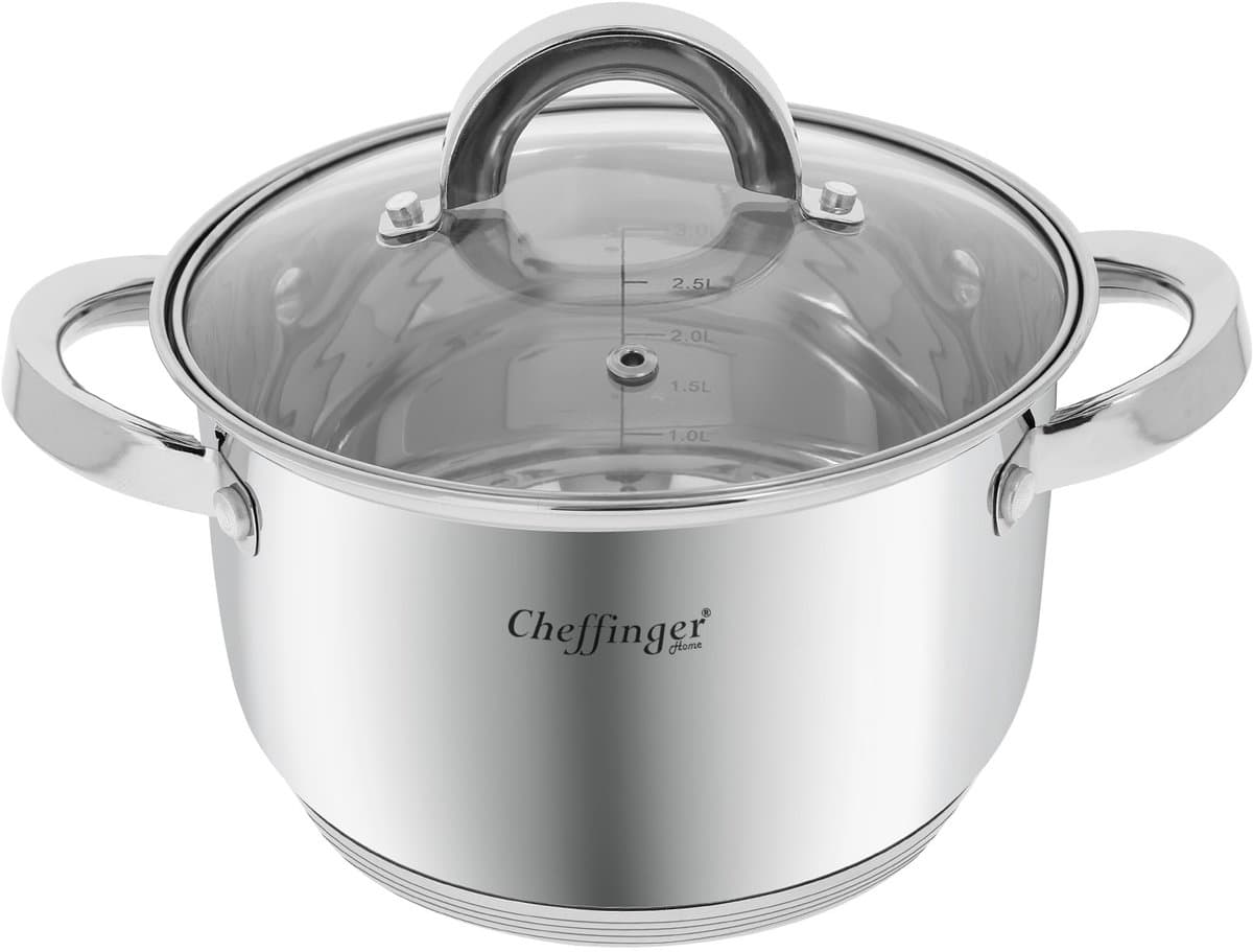 Cheffinger, Roestvrijstalen Kookpan met Glazen Deksel 20cm 3.9L Inductie Compatibel, Zilveren — afbeelding 1