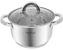 Cheffinger, Roestvrijstalen Kookpan met Glazen Deksel 20cm 3.9L Inductie Compatibel, Zilveren