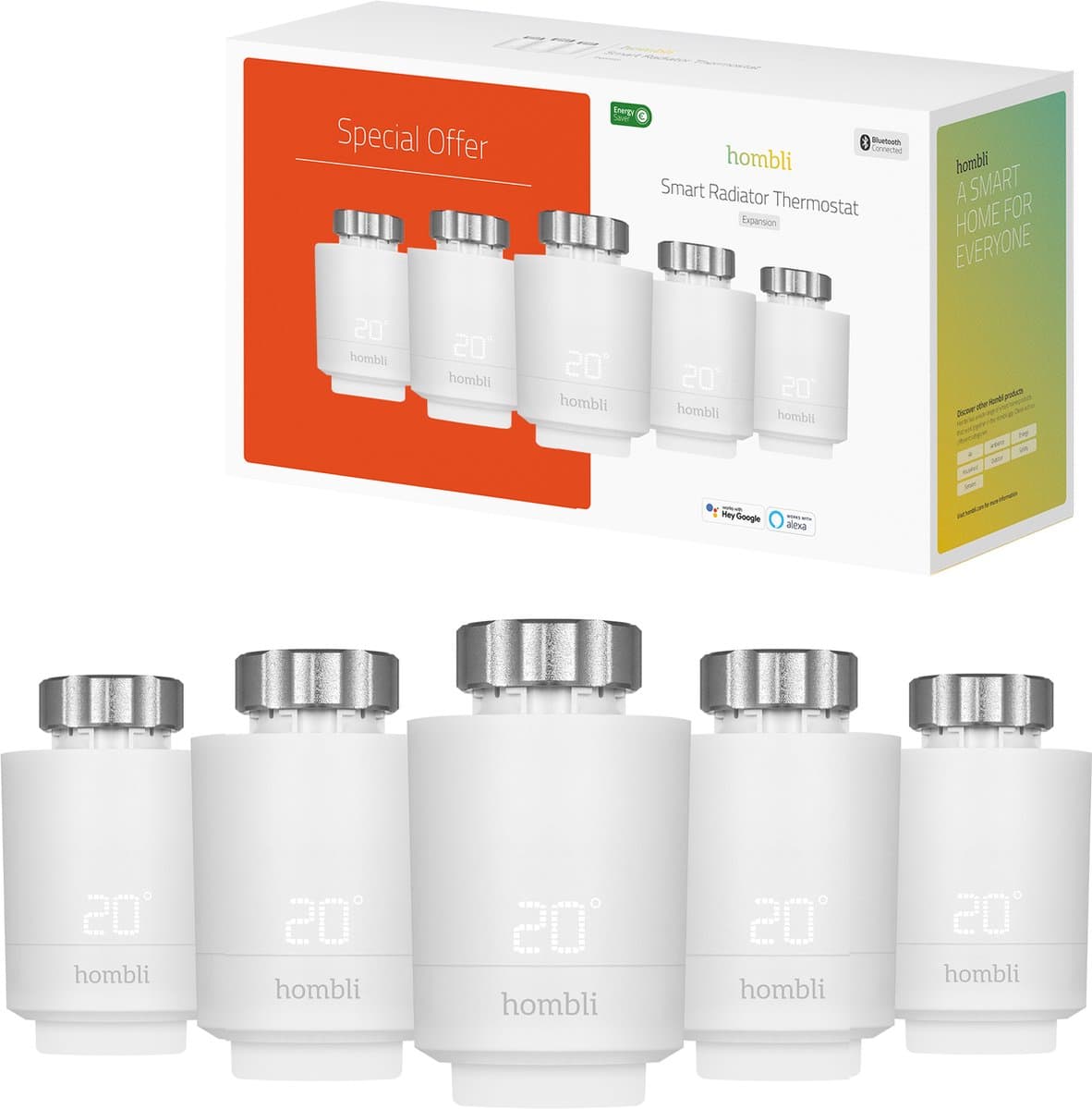 Hombli Smart Radiator Thermostat Expansion Pack (5-PACK) – Slimme radiatorknop – Thermostaatkraan – Bluetooth – Bediening via App - Open raam detectie – Verbruiksoverzicht – Spraakbesturing met Google, Alexa en Siri — afbeelding 1