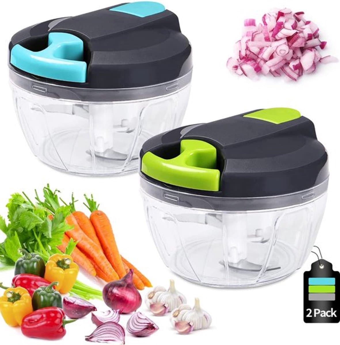 Handmatig hakmolen-520 ml Mini Uienhakker-Uiensnijder Keuken-3 Roestvrijstalen Messen-Groentesnijder-2 stuks — afbeelding 1