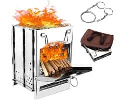 Camping houtkachel opvouwbaar RVS kookkachel draagbaar met grill en opbergtas lichtgewicht 1 kg