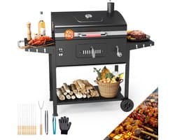 HomeGoodies BBQ - Houtskool barbecue – BBQ kar verrijdbaar - Groot grilloppervlak - 69x42.5 cm - thermometer - zijtafels – Zwart
