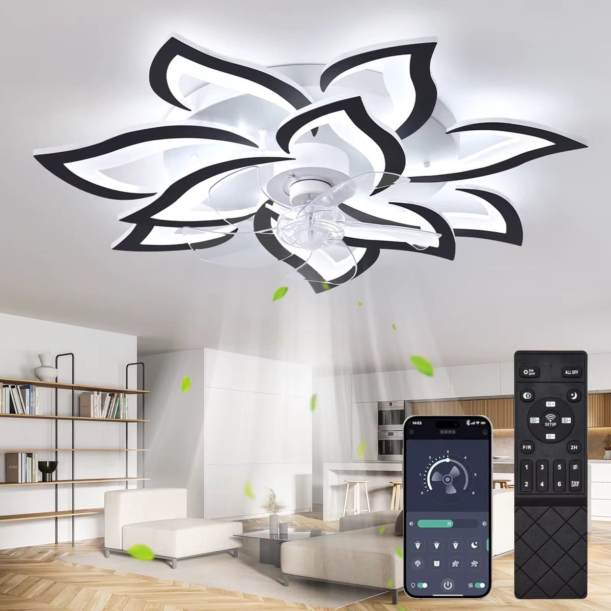 10 Sterren Ventilator Lamp - Plafondventilator - Zwart - Smart Lamp - Met Dimmer - 3 Standen Ventilator - Keuken Lamp - Woonkamerlamp - Moderne lamp — afbeelding 1
