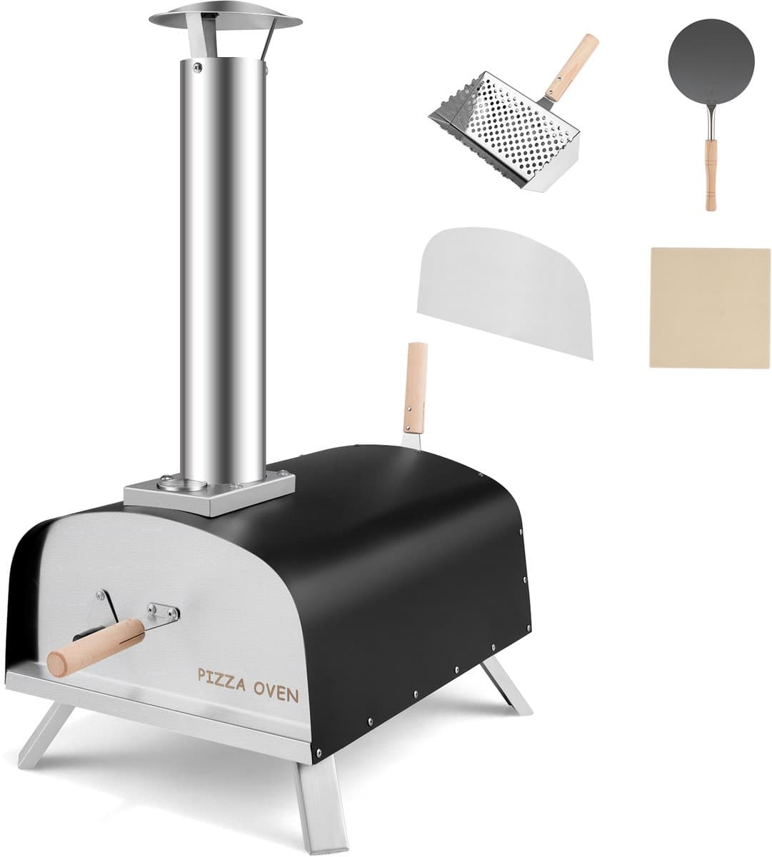 COSTWAY Pizza oven outdoor, draagbare pizza houtkachel incl. pizza schuiver en pizzasteen, hout pizza oven voor tuin camping — afbeelding 1