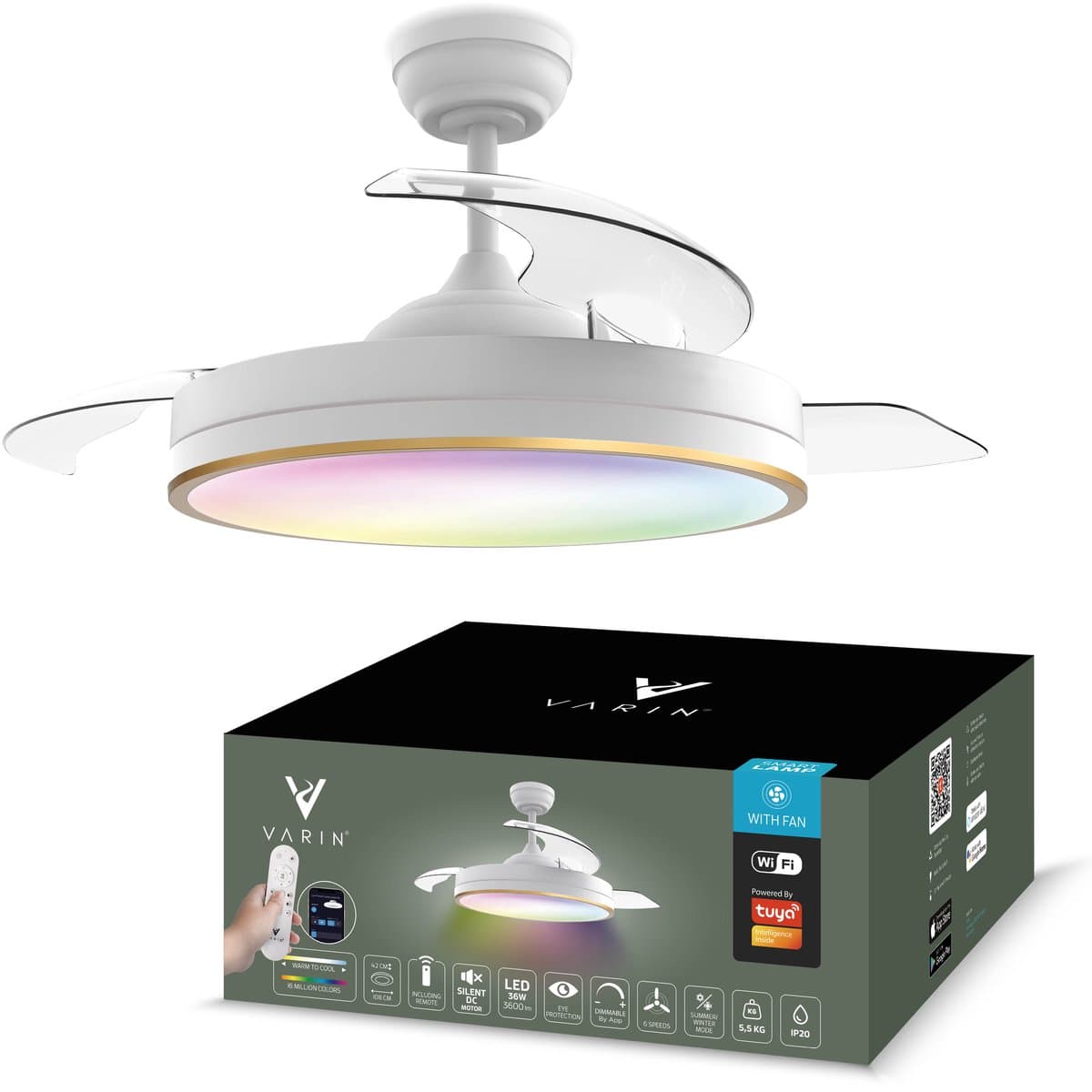 Varin® Smart Ventilator met LED verlichting RGBW - Wit/Goud - Tuya Wifi - Ø 108cm - Super stil - Smart lamp - Plafondlamp slaapkamer - Plafonniere woonkamer - Plafondlampen - Plafond lamp - Verlichting kinderkamer - Plafond ventilator — afbeelding 1