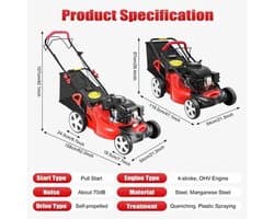Benzine Grasmaaier Zelfrijdend - 140 cc Motor - 51 cm Maaibreedte - 60 L Opvangbak - Staal Nylon Mangaanstaal - Voor Grote Tuinen
