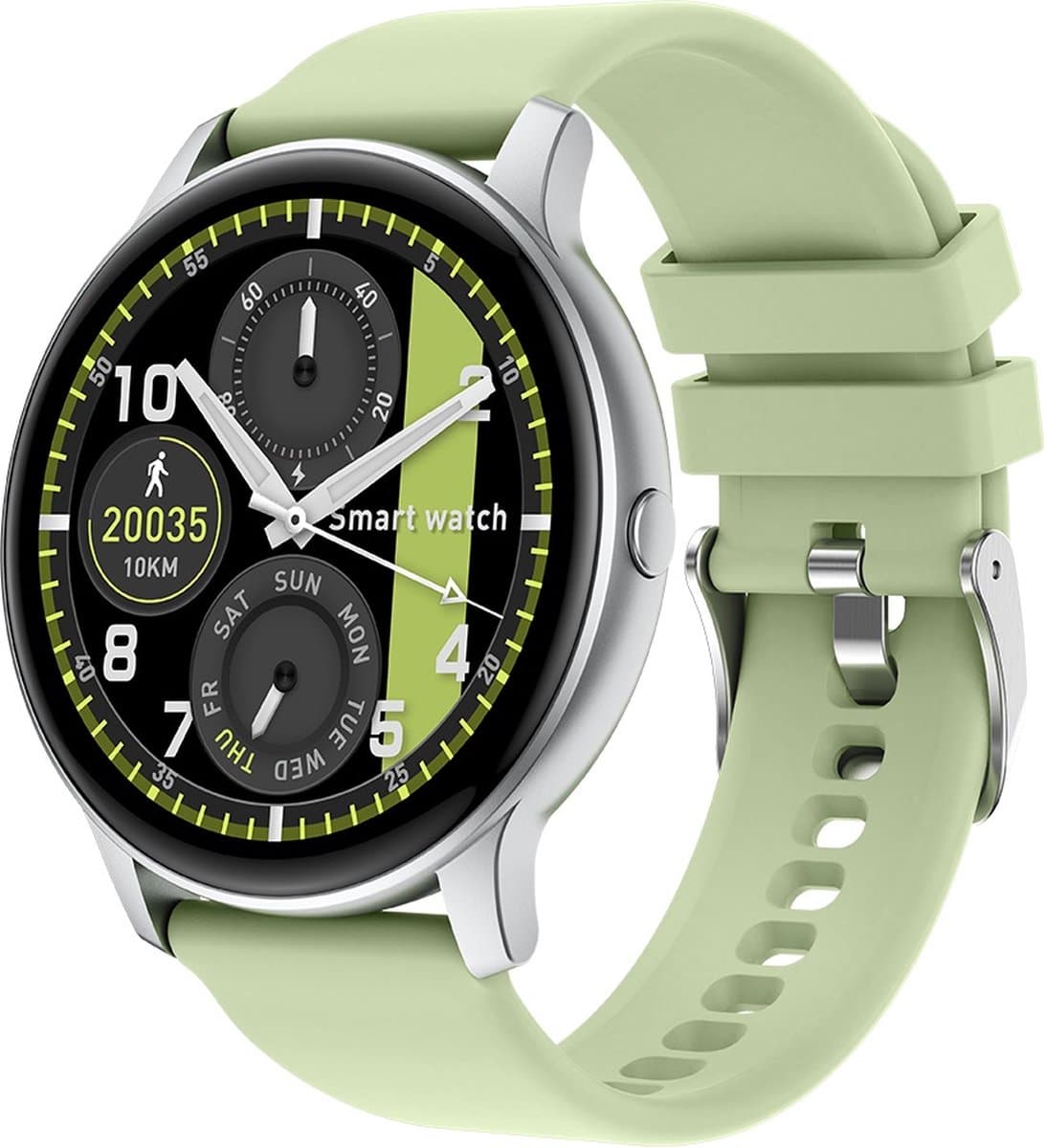 Belesy® SUAVE - Smartwatch Heren – Smartwatch Dames - Horloge – Stappenteller – Calorieën - Hartslag – Sporten - Je eigen foto als wijzerplaat - Kleurenscherm - Full Touch - Bluetooth Bellen – Zilver - Silicone –Groen - Moederdag — afbeelding 1