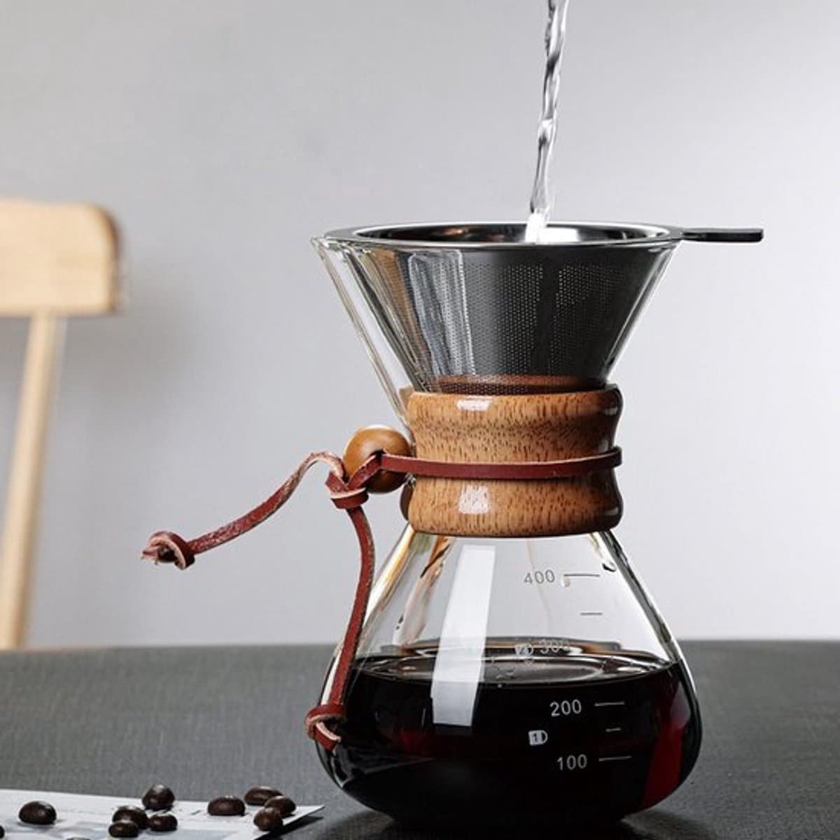 Handmatig Glazen Koffiezetapparaat met Houten Handvat 400 ml — afbeelding 1