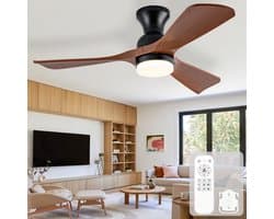 42-inch plafondventilator met verlichting - gelijkstroommotor met voor- en achteruitloop - 3 kleurtemperaturen - 6 snelheidsstanden met geheugenfunctie - drie ABS-bladen - geschikt voor slaapkamers en kleine ruimtes