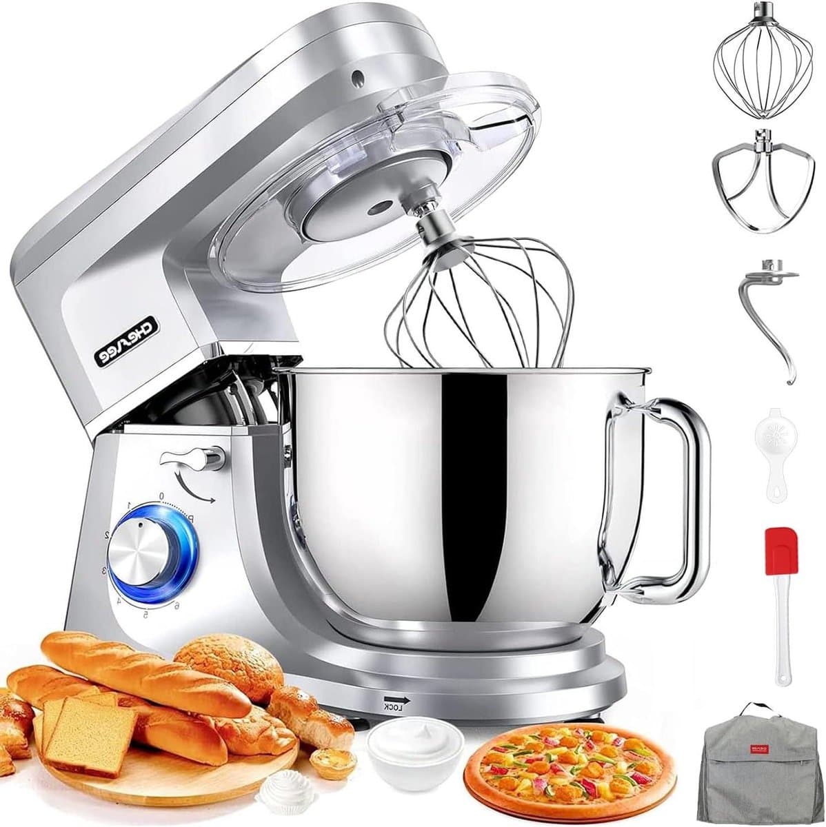 Keukenmachine - Mixer Deegkneedmachine - Bakken en Koken - 6 Snelheden Pulsfunctie - 72 Liter Kom - Zilver — afbeelding 1