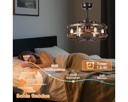 Plafondventilator met verlichting retro industrieel stil met afstandsbediening timer zwart metalen kooi 46 cm