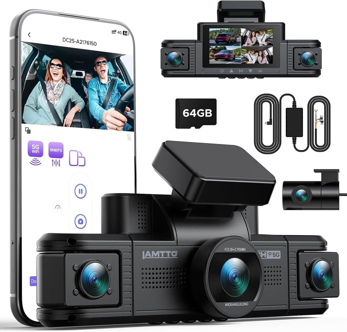Dashcam voor auto - Zwart - 4-Kanaals 360 Graden - 2K en 1080P Camera's met Infrarood Nachtzicht - Inclusief 64GB Kaart en Hardwire Kit — afbeelding 1