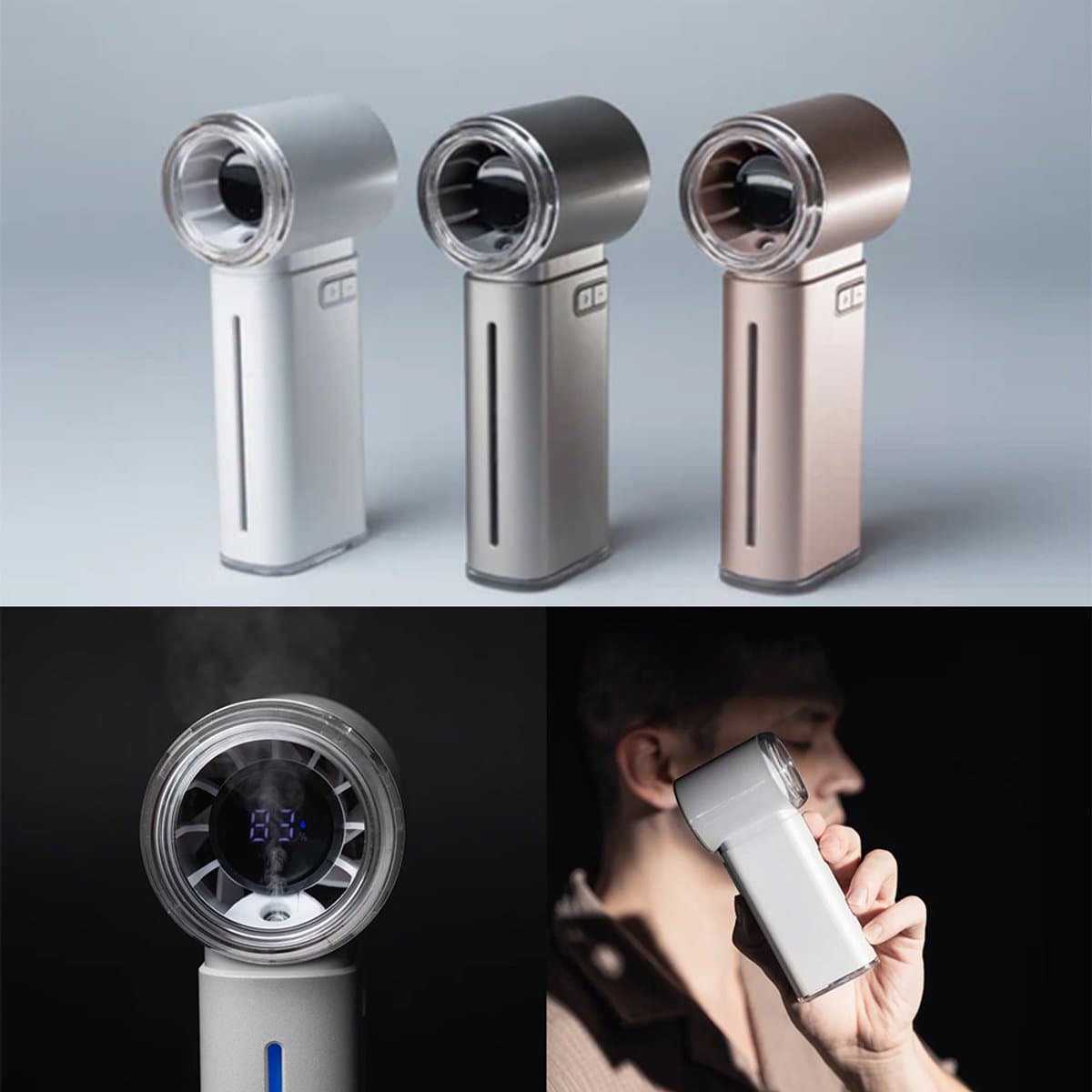 LISM-Draagbare ventilator met turbinestraal 13 m/s, 199 RPM, digitaal display Geschikt voor koele mist, USB-C - Wit — afbeelding 1