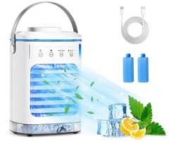 KZQ Draagbare ventilator - Aircooler - 4-in-1 ventilator - Vier windsnelheden - Timer van 2-8 uur - Kleurrijke verlichting - Waterreservoir van 900 ml - Geschikt voor slaapkamers, kantoren, woningen en kamperen - 16 × 13 × 24,5 cm - Wit