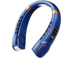 Draagbare LED-nekventilator met slim digitaal display (4000 mAh) en USB-poort, stille werking, multifunctioneel met gekleurde verlichting, geschikt voor buitenactiviteiten en hardlopen in het donker (blauw)