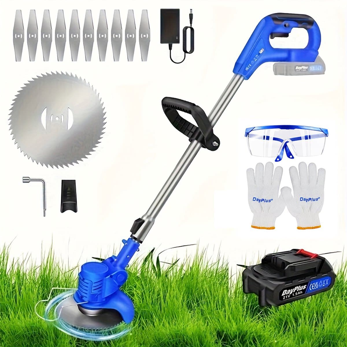 Metal Blade Accu-Grasmaaier Lichtgewicht Grasmaaiers Met 10 Metalen Messen, 2 Zaagschijven, 1 Set Accu, Snijdiameter Van 15 cm Voor Gazon en Tuin — afbeelding 1
