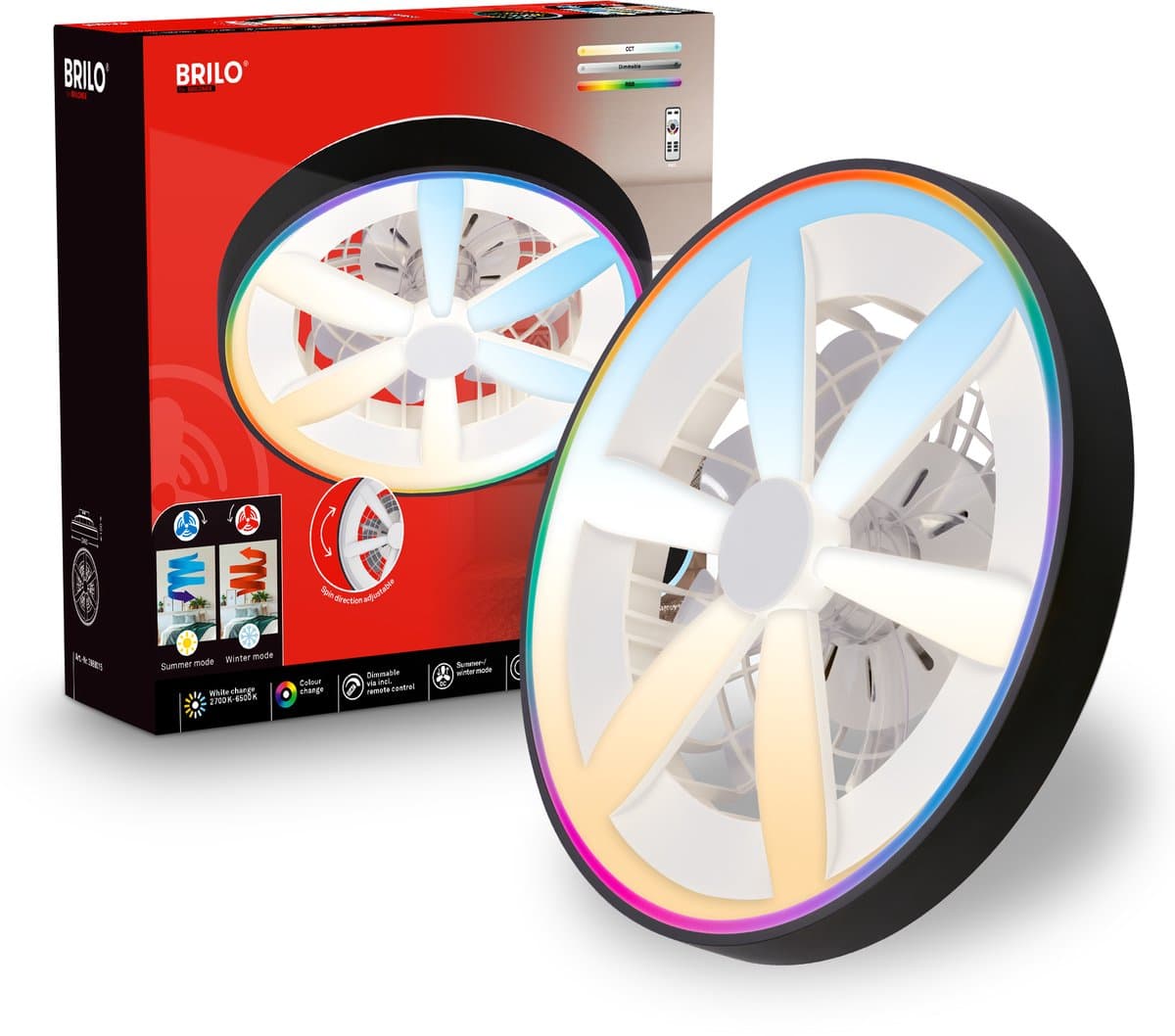 BRIlONER Air - Plafondventilator met RGB verlichting - LED plafondlamp met ventilator - dimbaar - 5 snelheden - ventilator lamp zomer- en wintermodus - RGB & CCT - Ø48cm - zwart — afbeelding 1