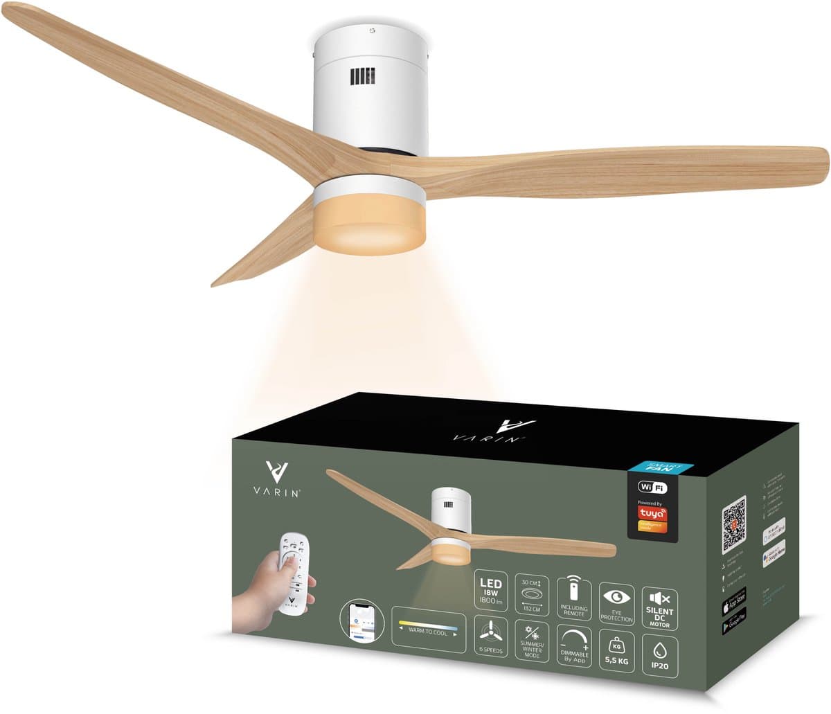 Varin® Smart Plafondventilator met verlichting - Ø 132cm - Wit/Lichthout - LED CCT 18W - Super stil 20dB - 6 snelheden - Woonkamer - Slaapkamer - Tuya WiFi - App & Afstandsbediening — afbeelding 1