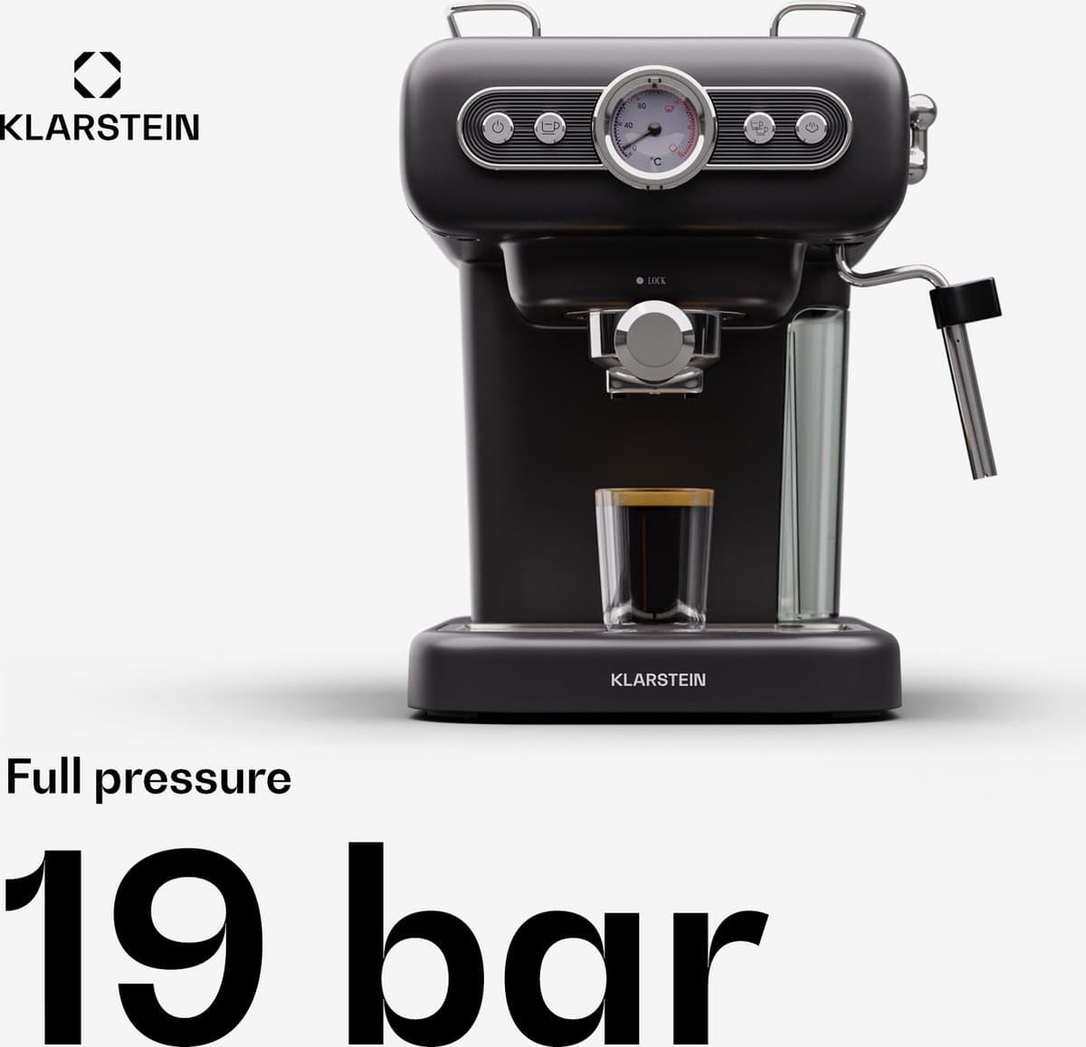 Klarstein Espresso Portafilter Machine met Melkopschuimer - 1 -2 L Retro Mini Espresso Machine met Portafilter - 950 W Klein Koffiezetapparaat - Roestvrij Staal Koffiezetapparaat voor Cappuccino - Zwart — afbeelding 1
