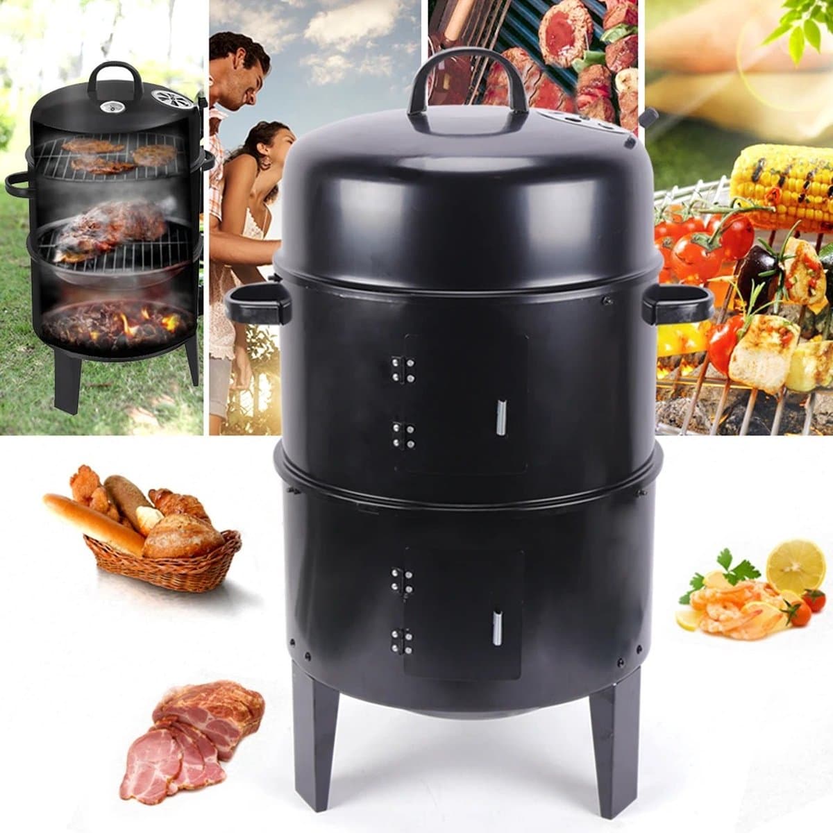 Wildor® 3in1 BBQ - Houtskoolgrill - Barbecue Roker - Vat Roker Grill - Met Thermometer - Verstelbare luchtuitlaat - 2 Grills 38Ø - 2 Deuren - Vlees roken - Vis roken - Braden, Grillen, Stoomkoken en Roken — afbeelding 1