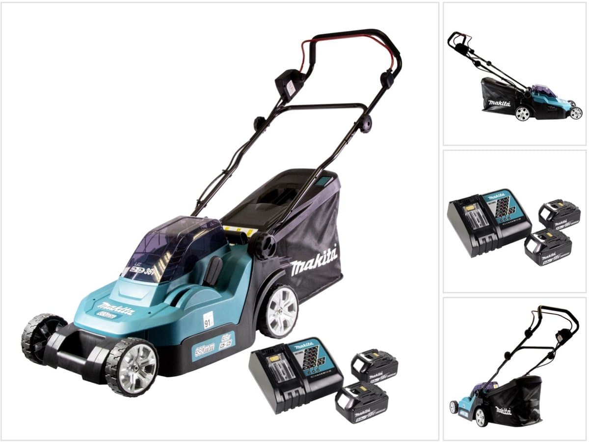 Makita DLM 382 RT2 accu grasmaaier 36 V ( 2x 18 V ) 38 cm 40 l + 2x accu 5.0 Ah + lader — afbeelding 1