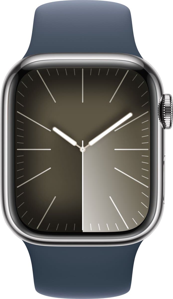Apple Watch Series 9 - GPS + Cellular - 41mm - Silver Stainless Steel Case with Storm Blue Sport Band - S/M — afbeelding 1