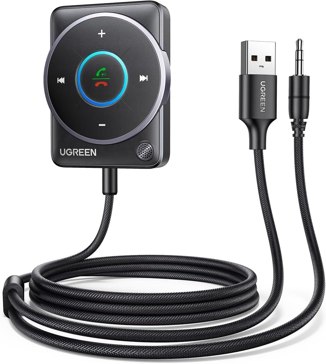 UGREEN Aux Bluetooth 5.4 Adapter Auto Bluetooth-ontvanger Multifunctionele knop voor handsfree bellen en draadloze muziek, dubbele verbinding, RGB-omgevingslicht, compatibel met autoradiosysteem — afbeelding 1