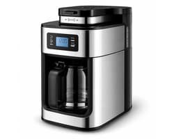 Koffiemachine met Bonenmaler – Volautomatisch Koffiezetapparaat 1L – LCD Display & Timerfunctie – Voor Verse Koffiebonen en Gemalen Koffie – RVS