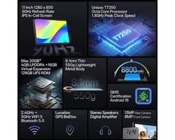 Tablet Android 11 Inch 4 GB RAM 128 GB Opslag IPS Scherm Dual Band WiFi Bluetooth GPS