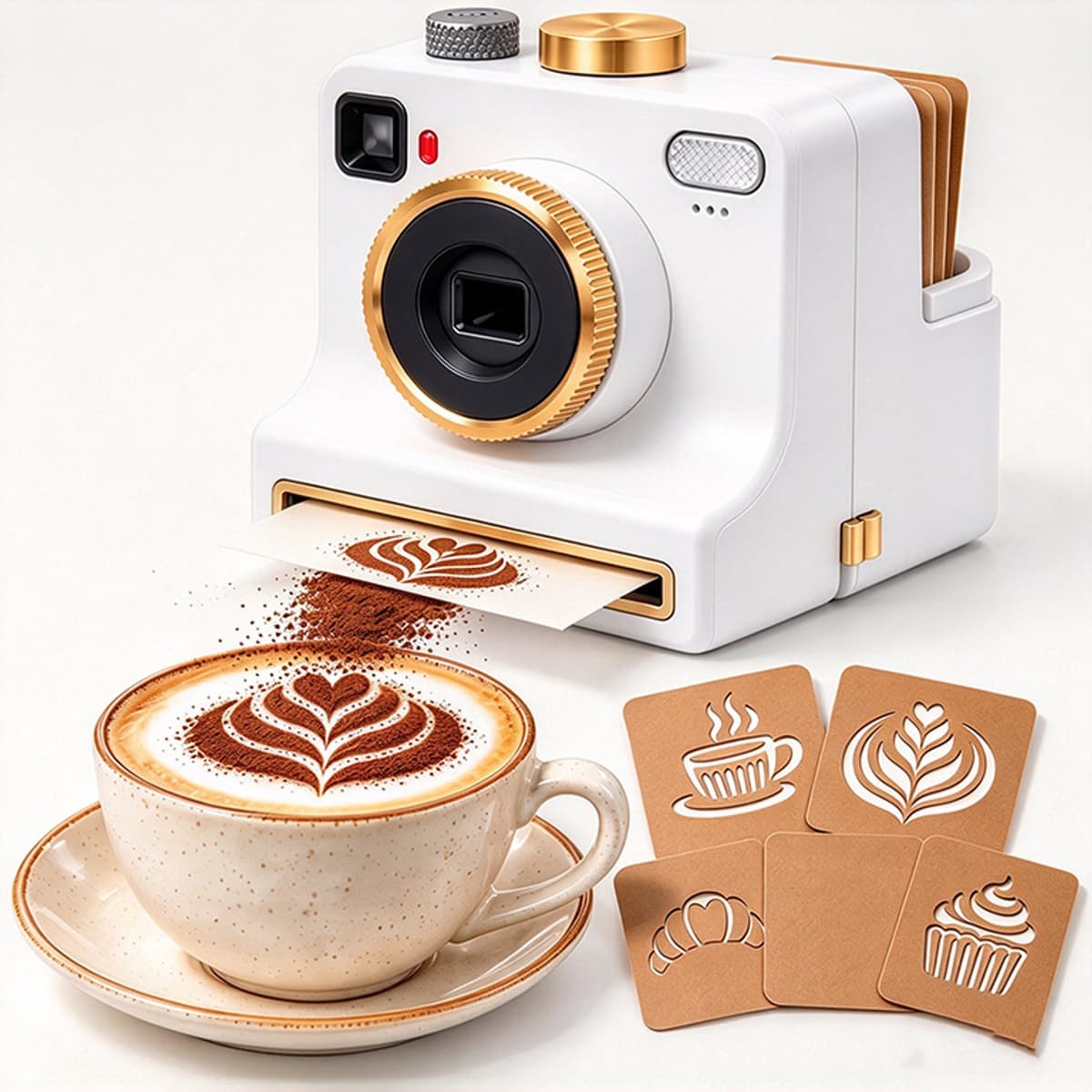 Koffieprinter - 3D Latte Art Printer - Printer - Latte Art Camera met één klik - Inclusief vier kaarten - Gebruiksvriendelijk - Herbruikbaar poedergereedschap - Geschikt voor cappuccino's en lattes - Willekeurige stijlen - Wit — afbeelding 1