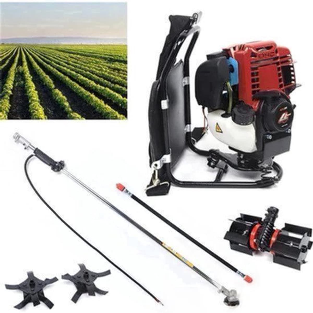Benzine Grastrimmer - Grasmaaier - Bosmaaier - Kantenmaaier - Tuingereedschap - 35.4CC - 4-Takt 1KW, 4500-8500RPM – Rugzakmodel in Zwart/Rood — afbeelding 1