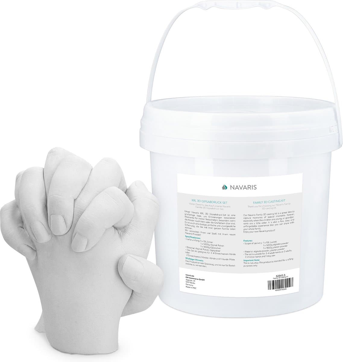 Navaris 3D gipsafdruk set XXL - Voor handen of voeten - Handgietset met mengemmer van 10 liter - Voor volwassenen, kinderen en baby's - pH-neutraal — afbeelding 1
