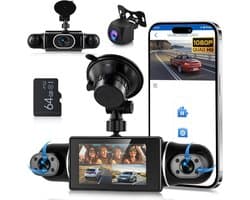 Dashcam voor auto - Zwart - 5 x 5 x 5 cm - 4-camera 360° met Nachtzicht en WiFi - Voor Veilig Rijden