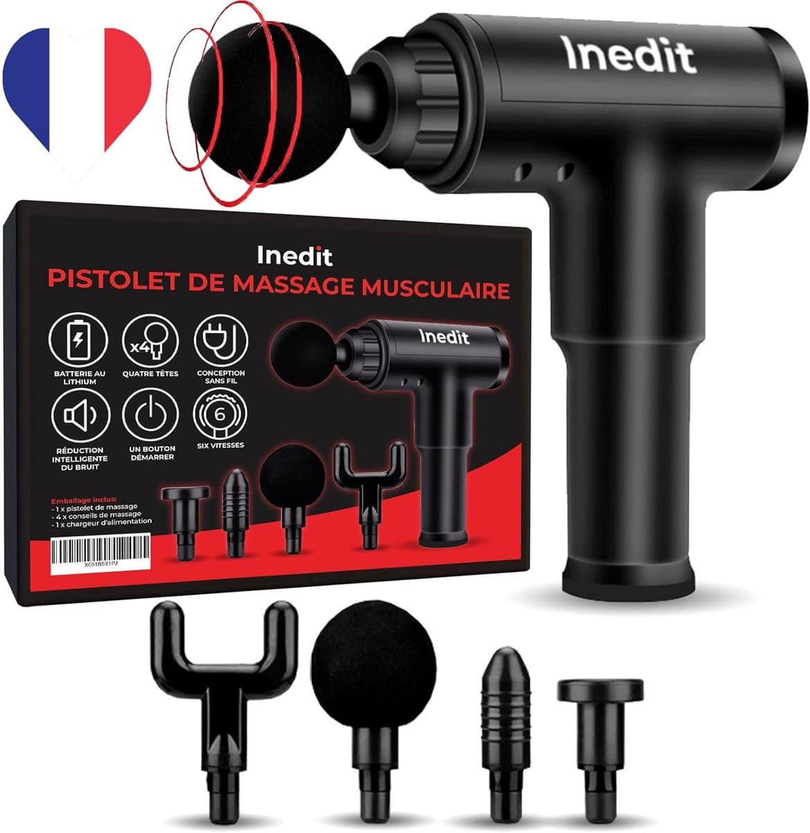 SnelShoppen - Muscle massage gun met handleiding in het Frans, zeer stille en efficiënte ontspanningsapparaat, geschikt voor het hele lichaam, verlich — afbeelding 1