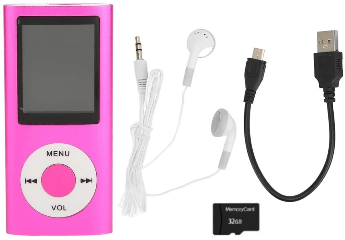 MP3 Speler - Bluetooth - Incl. 32GB SD Kaart - USB - Shuffle - Incl. Oordopjes - Voice recorder - Dictafoon - Draagbaar - Luidsprekers met verliesvrije geluidskwaliteit - Ideaal voor Sport, Kinderen en Volwassenen - Roze — afbeelding 1