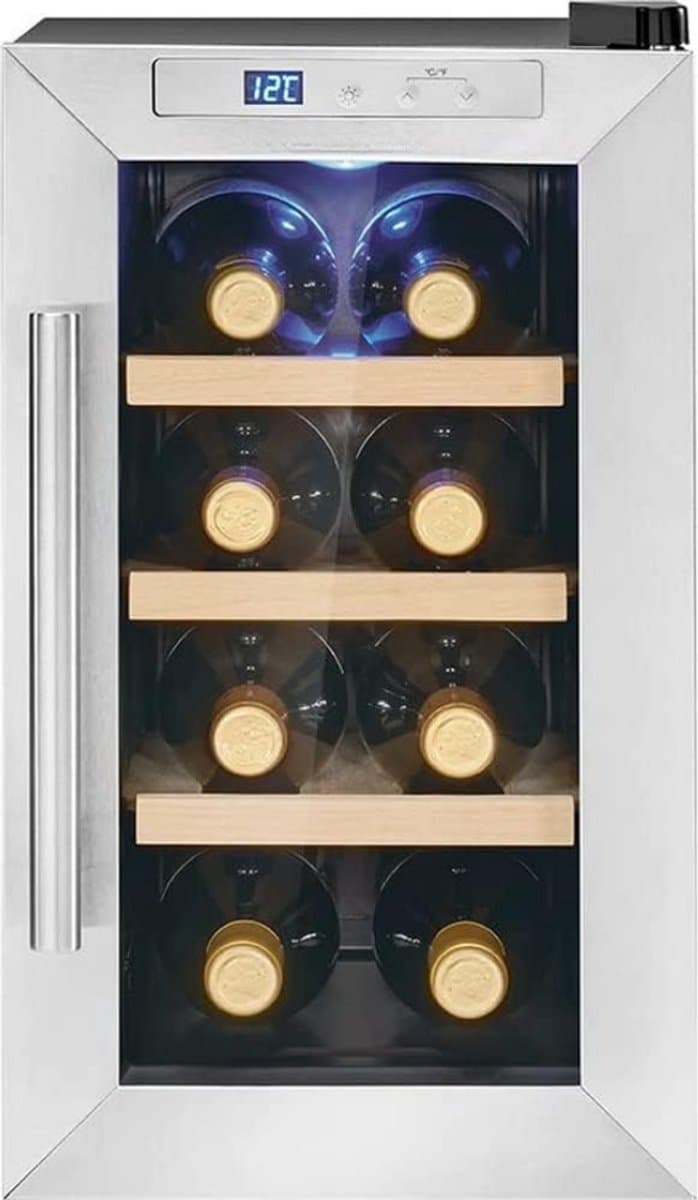 Aurixi® Professionele Horica Minibar Koeling – Wijnkoelkast 23L – Flessenkoelkast met Glazen Deur – Mini Koelkast met Glazen Deur – Kleine Drankenkoelkast – 4 Opslagniveaus Voor 8 Flessen – Minibar - Zwart-inox - 54cm x 30cm x 51cm — afbeelding 1