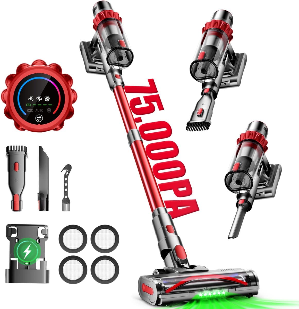 Hiaonyx steelstofzuiger - 9-in-1 steelstofzuiger draadloos - 75000pa - Met dierenborstel - LED Groene Stofdetectielamp - Geschikt voor Tapijten - Harde Vloeren en Dierenharen - 2-liter stofopvangbox - Rood — afbeelding 1